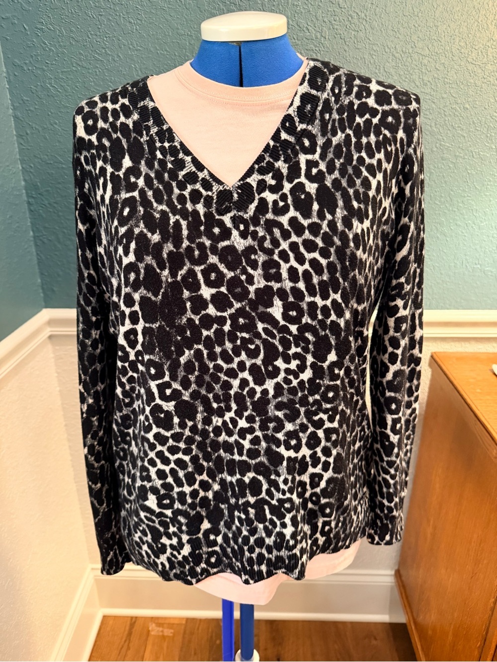 Michael Kors Black and White Leopard V-Neck Sweater